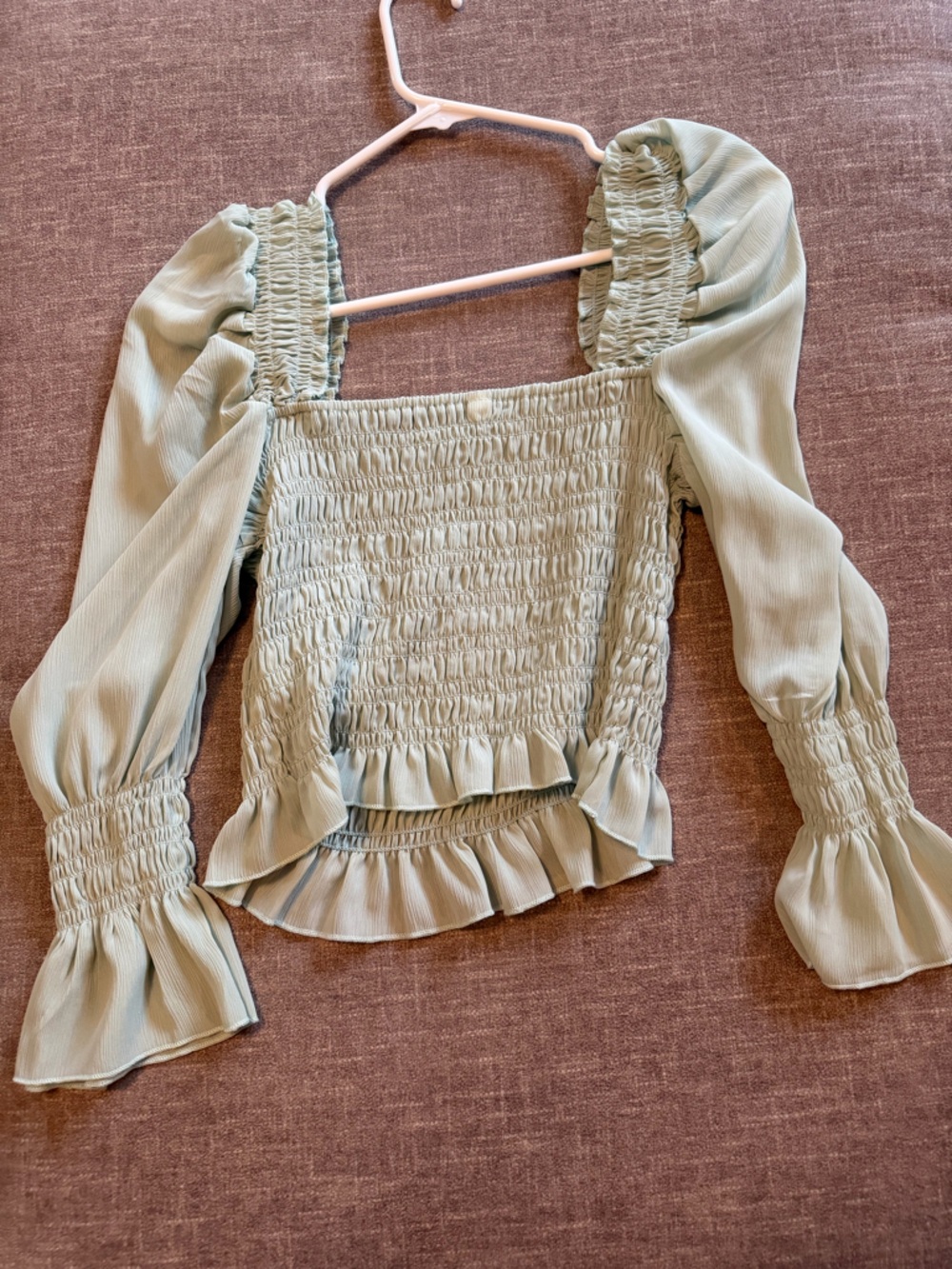 Smocked Puff Sleeve Square Neck Top - Sage Green